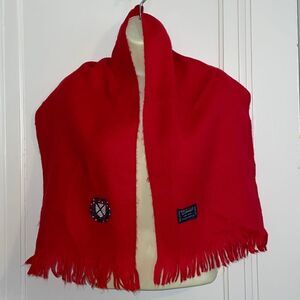 Vtg red “Cashmore” acrylic red scarf with navy blue & white embroidered crest